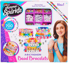 Cra-Z-Art Shimmer 'n Sparkle bead bracelet kit packaging with colorful beads and a girl wearing bracelets.