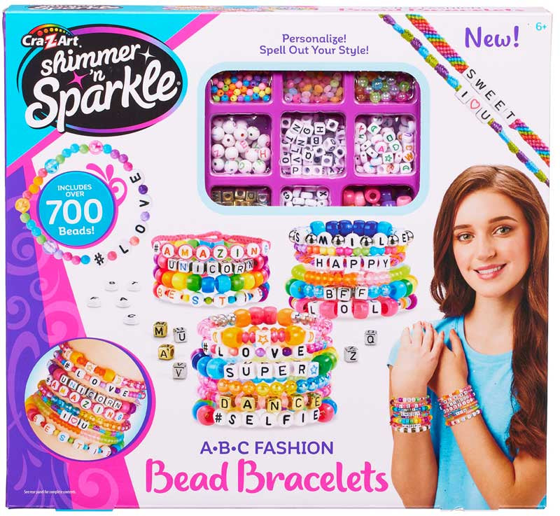 Cra-Z-Art Shimmer 'n Sparkle bead bracelet kit packaging with colorful beads and a girl wearing bracelets.