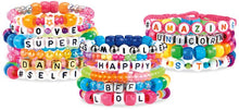 Set of colorful beaded bracelets with letter beads and text on a white background