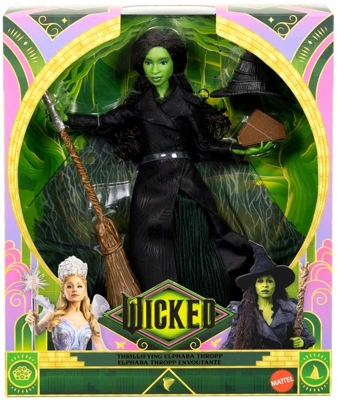 Wicked-themed action figure in packaging with decorative elements
